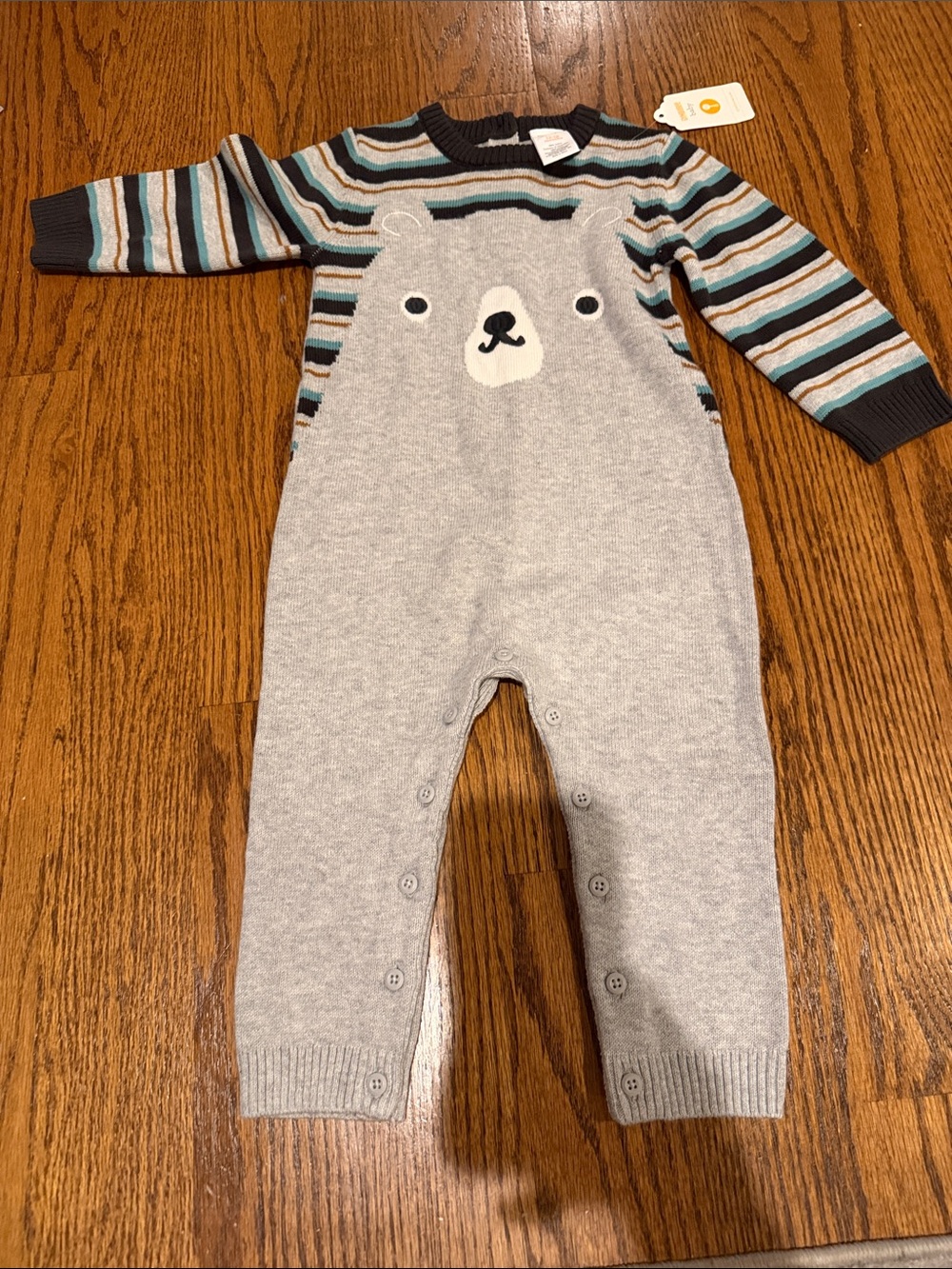 Gymboree Gray Knit Bear One-Piece with Blue & Brown Striped Sleeves